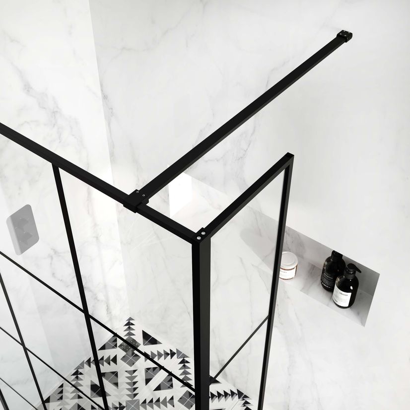 Munich Matt Black Crittall 8mm Wet Room Shower Glass 1200mm & 250mm Return Panel