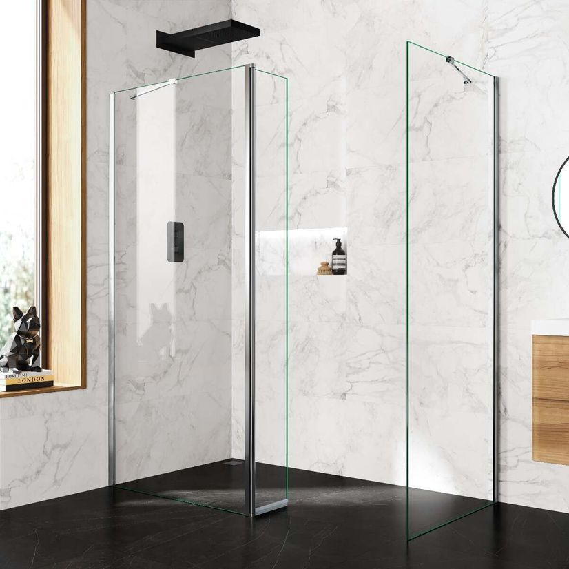 Copenhagen Easy Clean 8mm Walk In Shower Enclosure 900mm & 800mm Glass with Pivotal Return Panel
