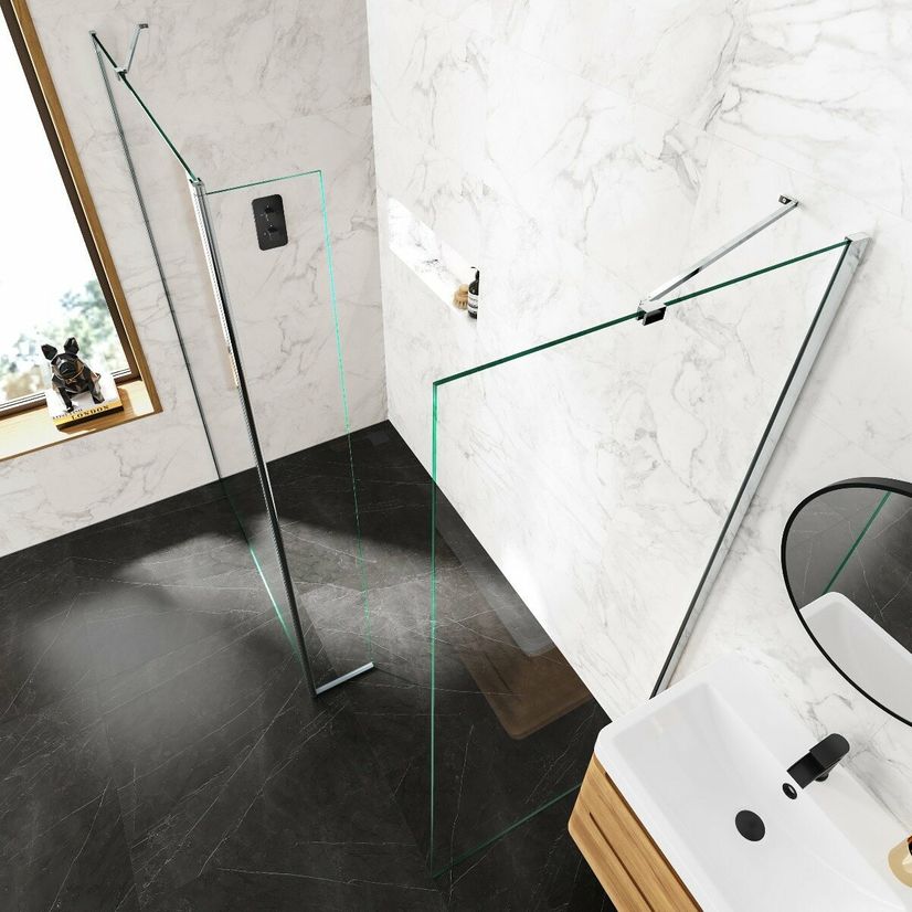 Copenhagen Easy Clean 8mm Walk In Shower Enclosure 1200mm & 800mm Glass with Pivotal Return Panel
