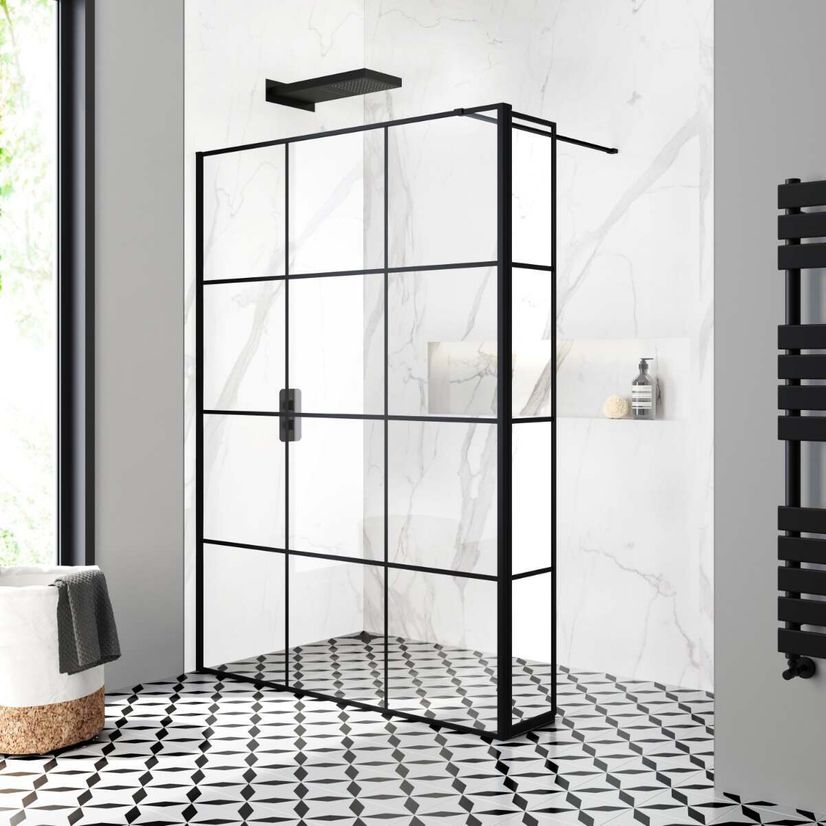 Munich Matt Black Crittall Style 8mm Wet Room Shower Glass 1400mm & 250mm Pivotal Return Panel
