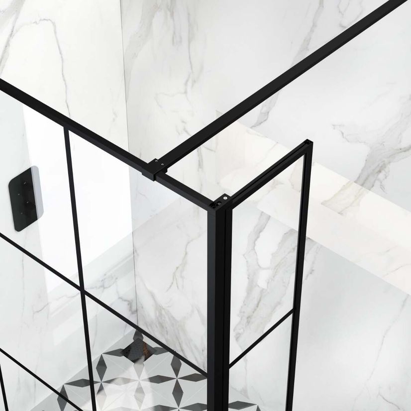 Munich Matt Black Crittall Style 8mm Wet Room Shower Glass 1400mm & 250mm Pivotal Return Panel