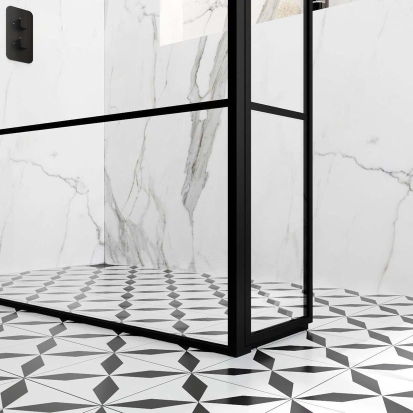 Munich Matt Black Grid 8mm Walk In Shower Enclosure 900mm & 700mm Glass with Pivotal Return Panel