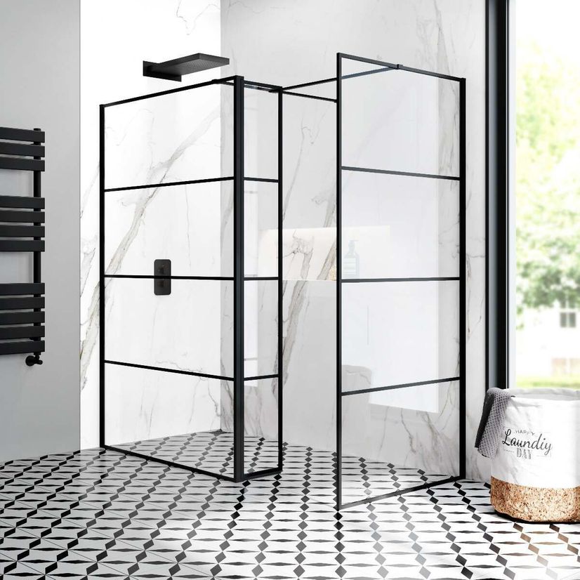 Munich Matt Black Grid 8mm Walk In Shower Enclosure 1200mm & 800mm Glass with Pivotal Return Panel