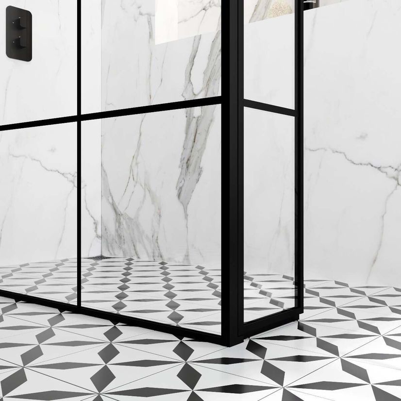 Munich Matt Black Crittall Style 8mm Walk In Shower Enclosure 1200mm & 700mm Glass with Pivotal Return Panel
