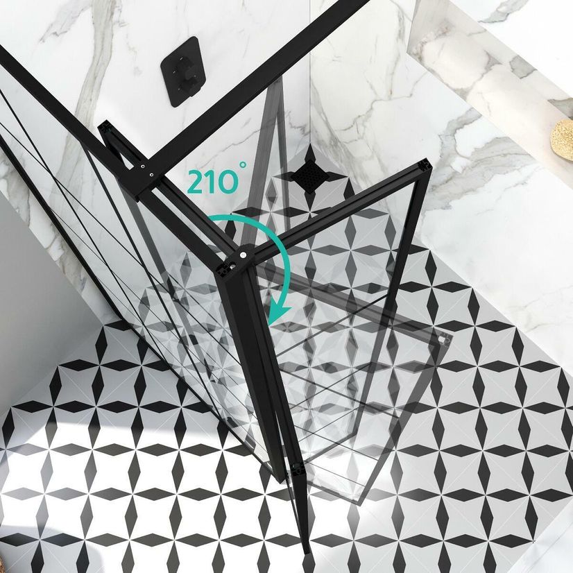 Munich Matt Black Crittall Style 8mm Walk In Shower Enclosure 1200mm & 700mm Glass with Pivotal Return Panel