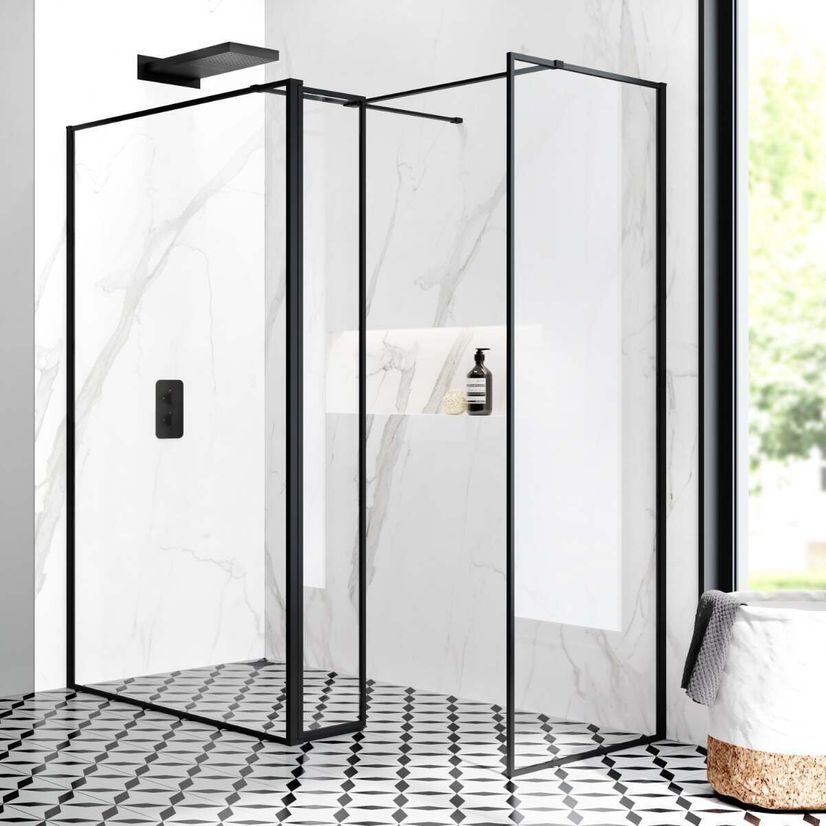 Munich Matt Black Framed 8mm Walk In Shower Enclosure 1200mm & 700mm Glass with Pivotal Return Panel