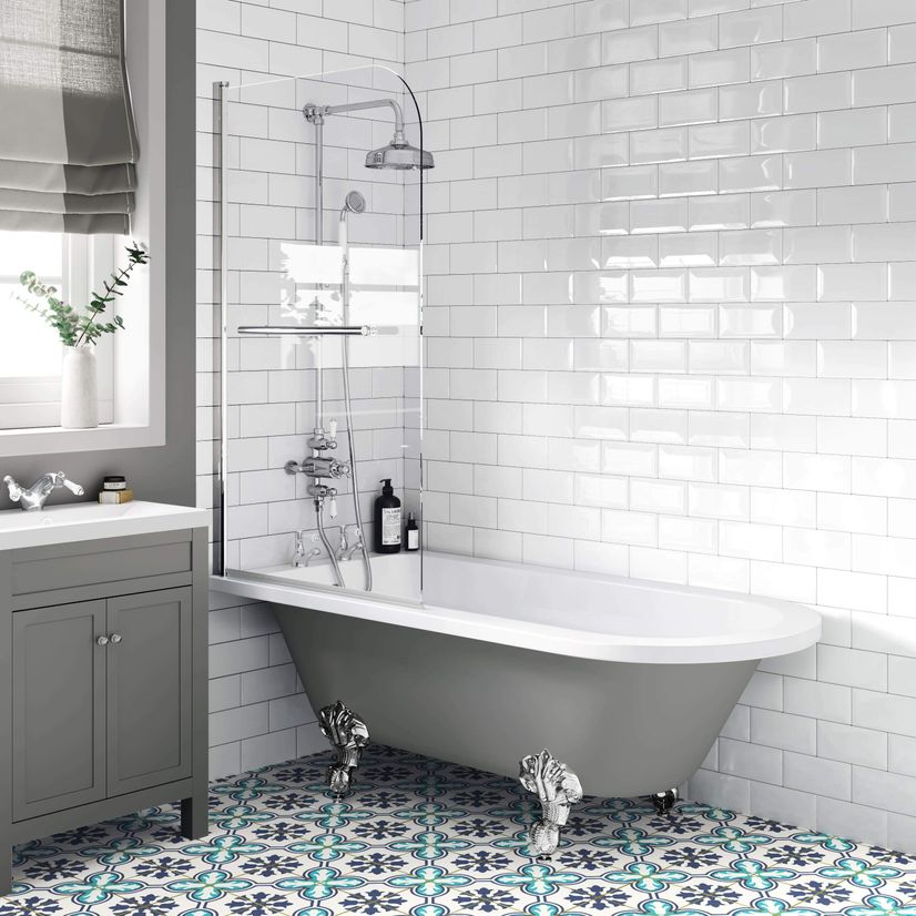 Abingdon 1700 Dove Grey Roll Top Shower Bath - Chrome Ball Feet & 6mm Easy Clean Screen With Rail