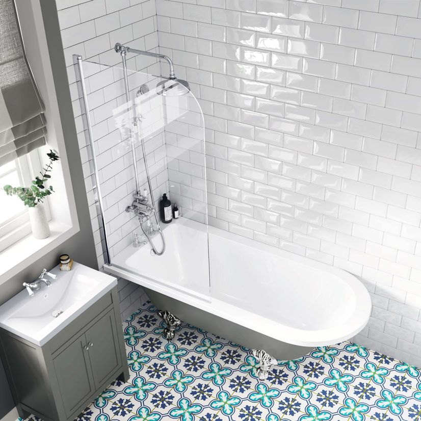 Abingdon 1700 Dove Grey Roll Top Shower Bath - Chrome Ball Feet & 6mm Easy Clean Screen With Rail