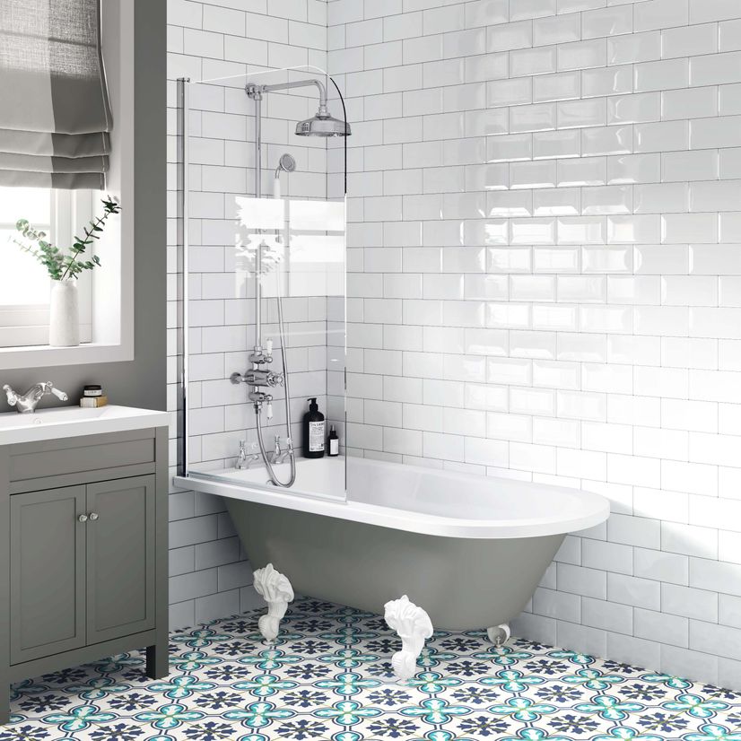 Abingdon 1500 Dove Grey Roll Top Shower Bath - White Ball Feet & 6mm Easy Clean Screen