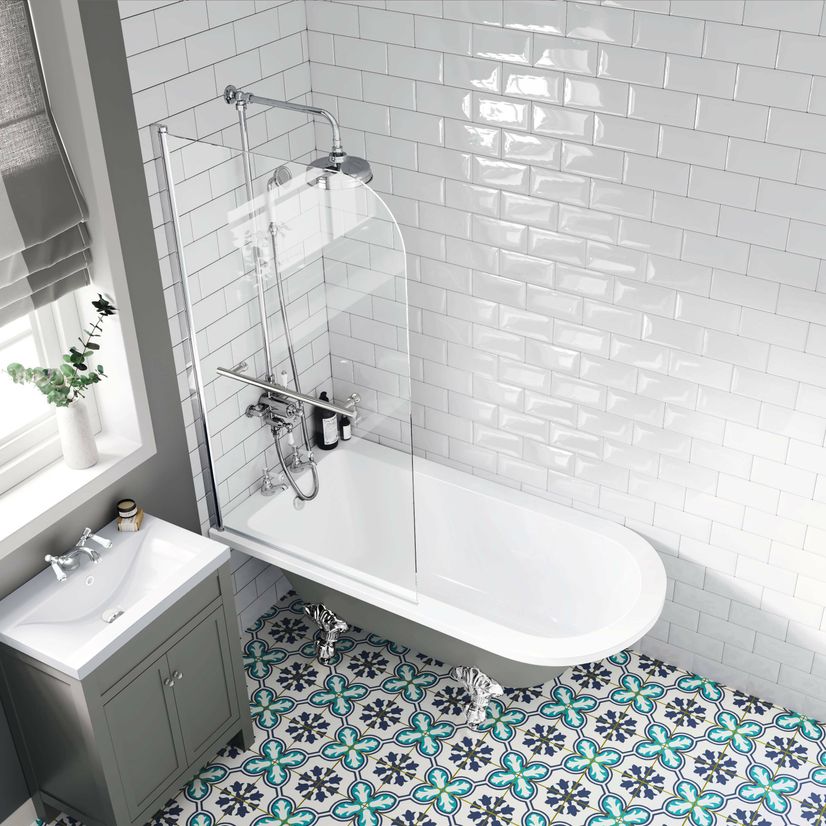 Abingdon 1500 Dove Grey Roll Top Shower Bath - Chrome Ball Feet & 6mm Easy Clean Screen With Rail