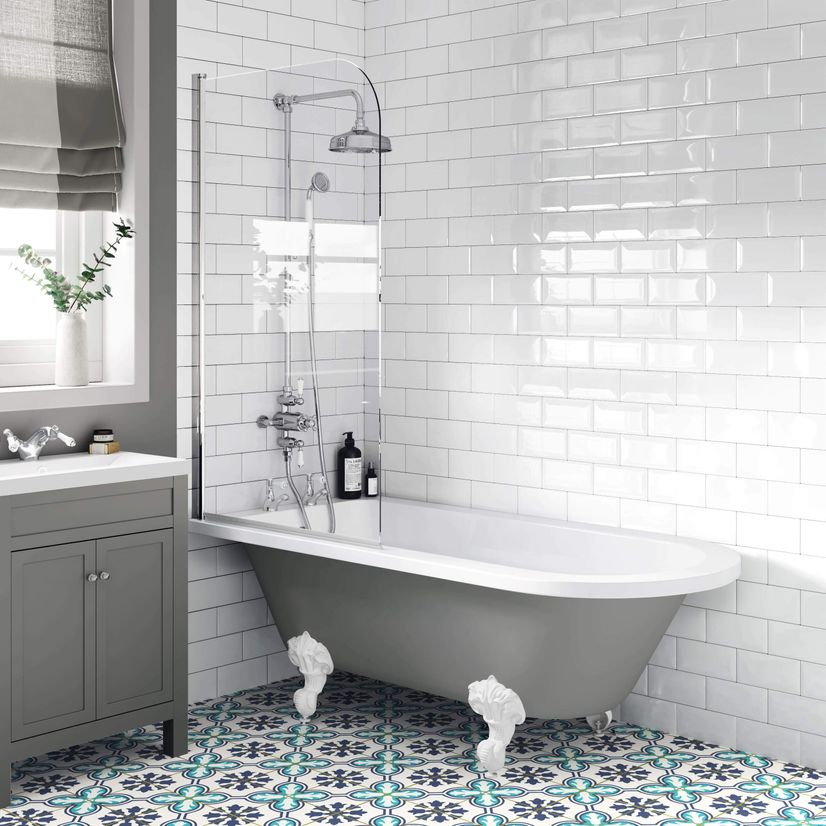 Abingdon 1700 Dove Grey Roll Top Shower Bath - White Ball Feet & 6mm Easy Clean Screen
