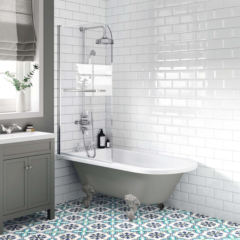 Abingdon 1500 Dove Grey Roll Top Shower Bath - Grey Ball Feet & 6mm Easy Clean Screen With Rail