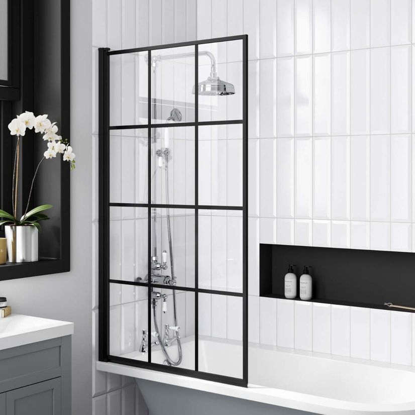 Abingdon 1700 Dove Grey Roll Top Shower Bath - White Claw Feet & 6mm Easy Clean Matt Black Crittall Screen