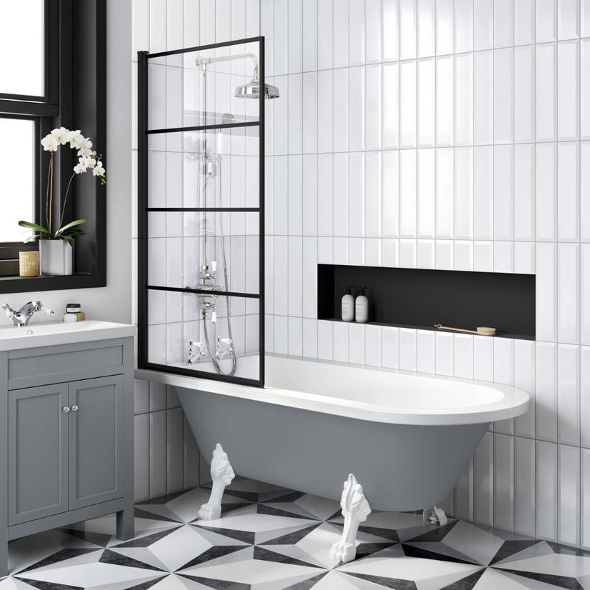 Abingdon 1700 Dove Grey Roll Top Shower Bath - White Claw Feet & 6mm Easy Clean Matt Black Grid Screen