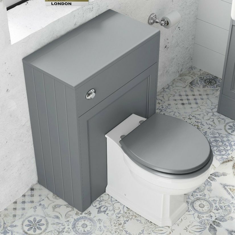 Hudson Traditional Back To Wall Toilet With Dove Grey Wooden Seat and Concealed Cistern