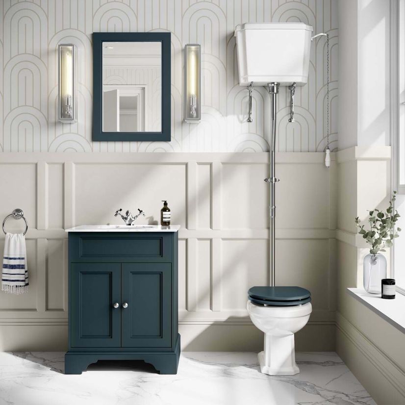 Hudson Traditional Toilet With High-Level Cistern and Inky Blue Wooden Seat