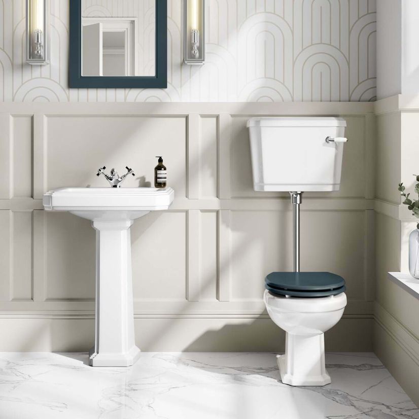 Hudson Traditional Low-Level Toilet With Inky Blue Seat & Pedestal Basin - Single Tap Hole