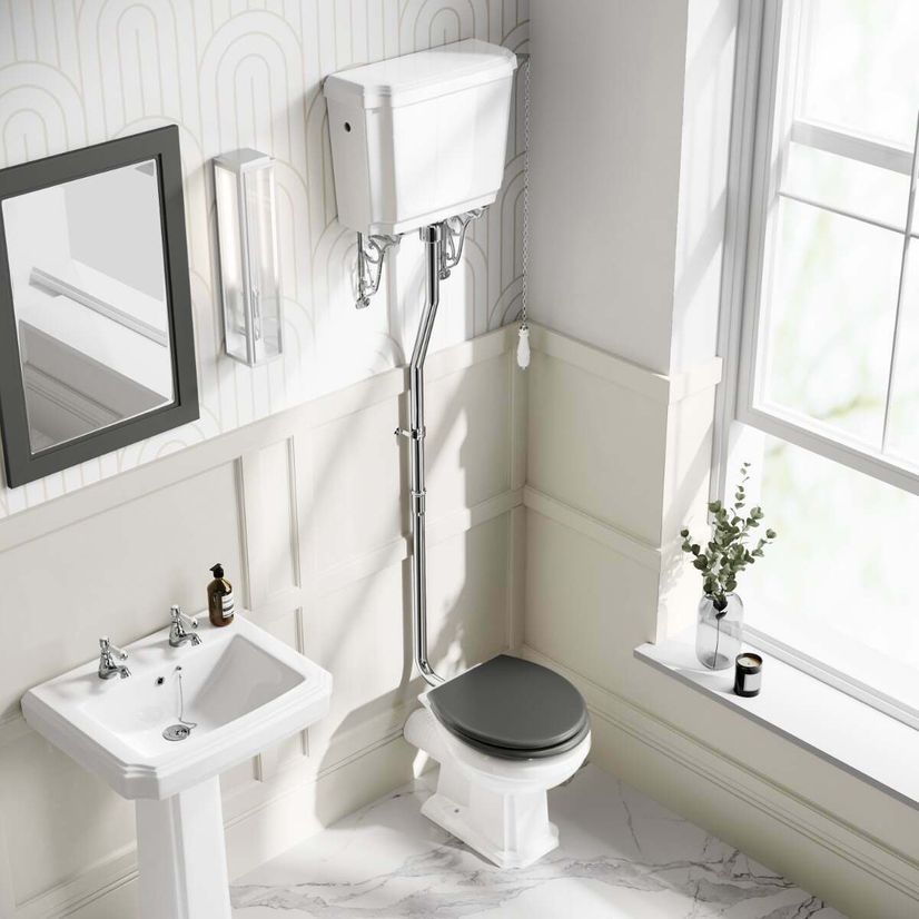 Hudson Traditional High-Level Toilet With Graphite Grey Seat & Pedestal Basin - Double Tap Hole