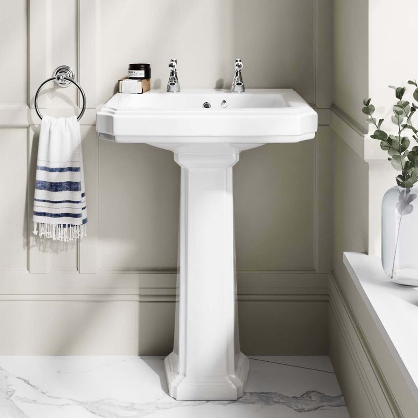 Hudson Traditional High-Level Toilet With Inky Blue Seat & Pedestal Basin - Double Tap Hole