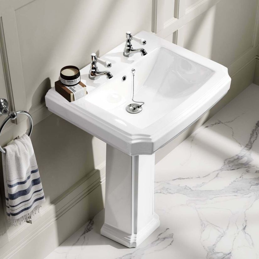 Hudson Traditional Toilet With Graphite Grey Seat & Pedestal Basin Set - Double Tap Hole