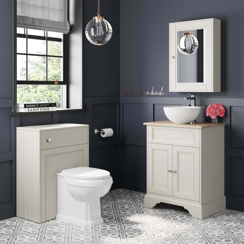 Lucia Chalk White Vanity With Oak Top & Round Counter Top Basin 640mm