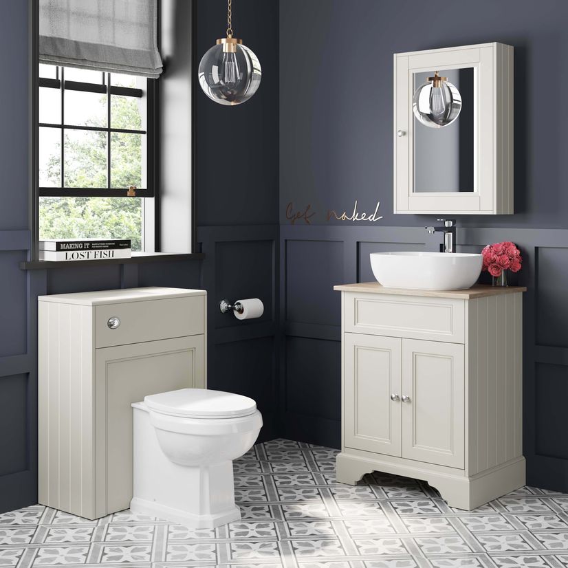 Lucia Chalk White Vanity With Oak Top & Curved Counter Top Basin 640mm