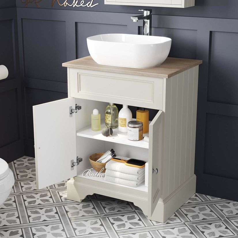 Lucia Chalk White Vanity With Oak Top & Curved Counter Top Basin 640mm