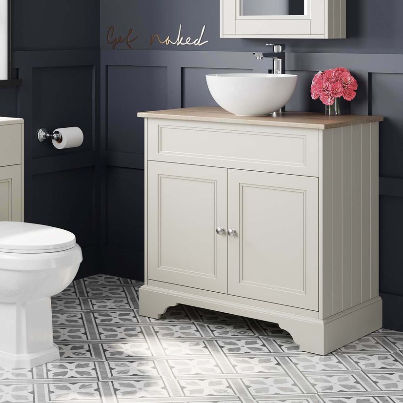Lucia Chalk White Vanity With Oak Top & Round Counter Top Basin 840mm