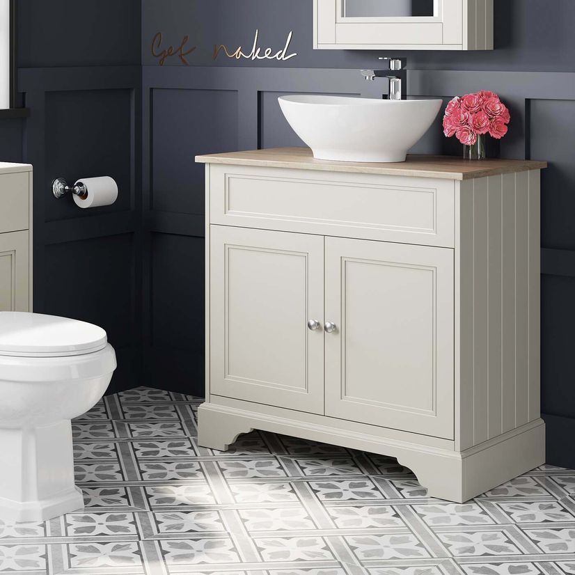 Lucia Chalk White Vanity With Oak Top & Oval Counter Top Basin 840mm