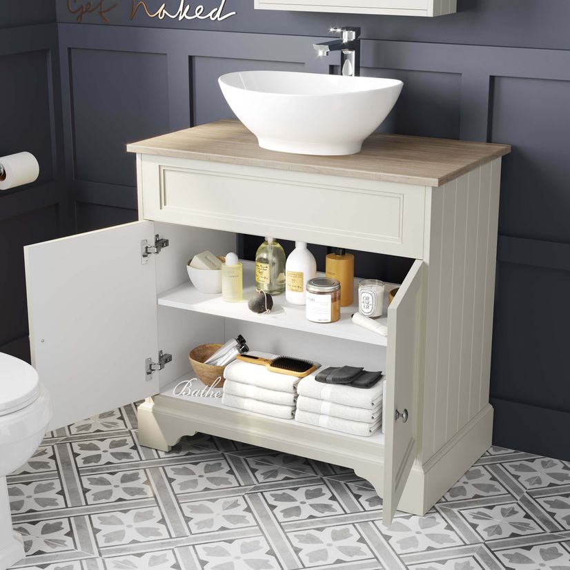 Lucia Chalk White Vanity With Oak Top & Oval Counter Top Basin 840mm