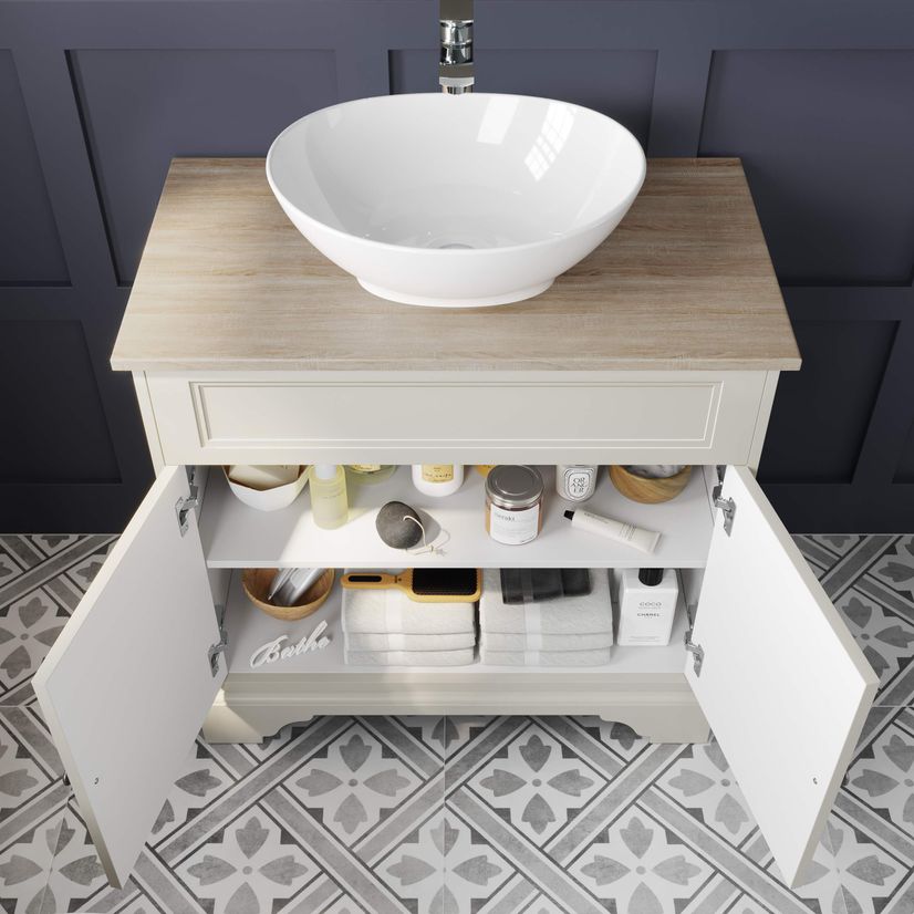 Lucia Chalk White Vanity With Oak Effect Top & Oval Counter Top Basin 840mm