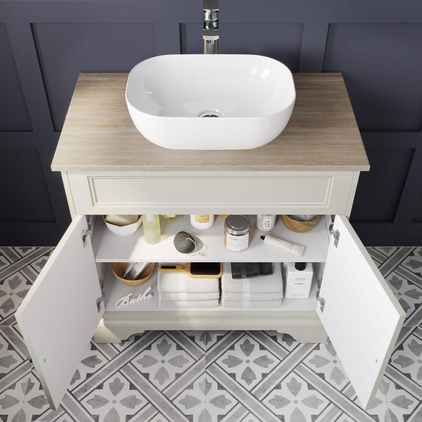 Lucia Chalk White Vanity With Oak Top & Curved Counter Top Basin 840mm