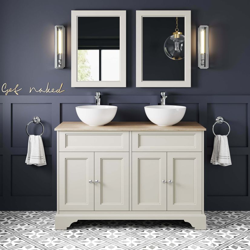 Lucia Chalk White Double Vanity With Oak Top & Round Counter Top Basin 1200mm