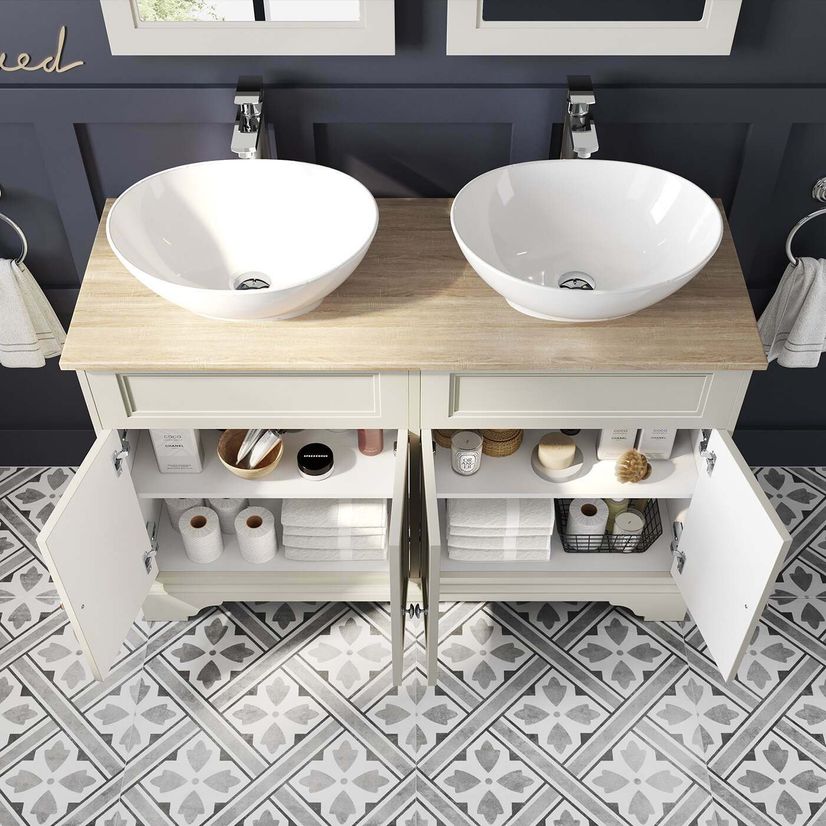 Lucia Chalk White Double Vanity With Oak Effect Top & Oval Counter Top Basin 1200mm