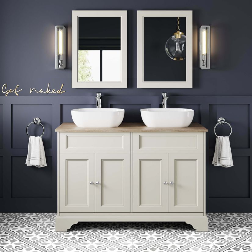 Lucia Chalk White Double Vanity With Oak Effect Top & Curved Counter Top Basin 1200mm