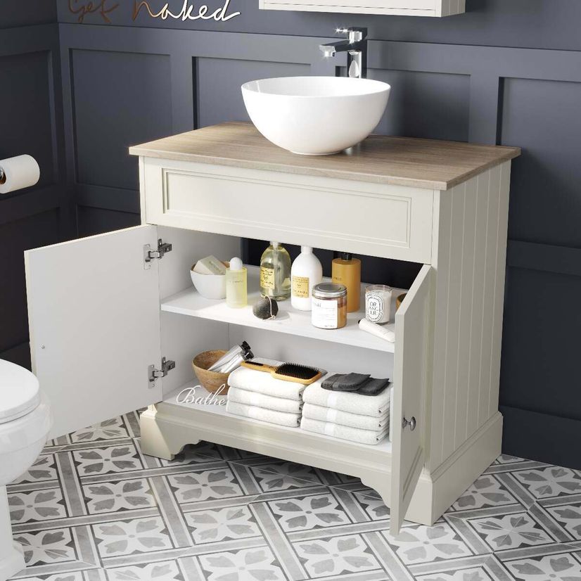 Lucia Chalk White Cabinet with Oak Effect Top 840mm - Excludes Counter Top Basin