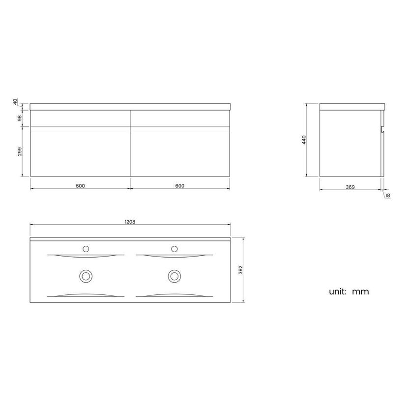 Trent Stone Grey Wall Hung Double Basin Drawer Vanity 1200mm