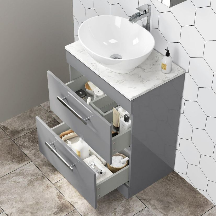 Avon Stone Grey Vanity Drawer with Marble Top & Oval Counter Top Basin 600mm