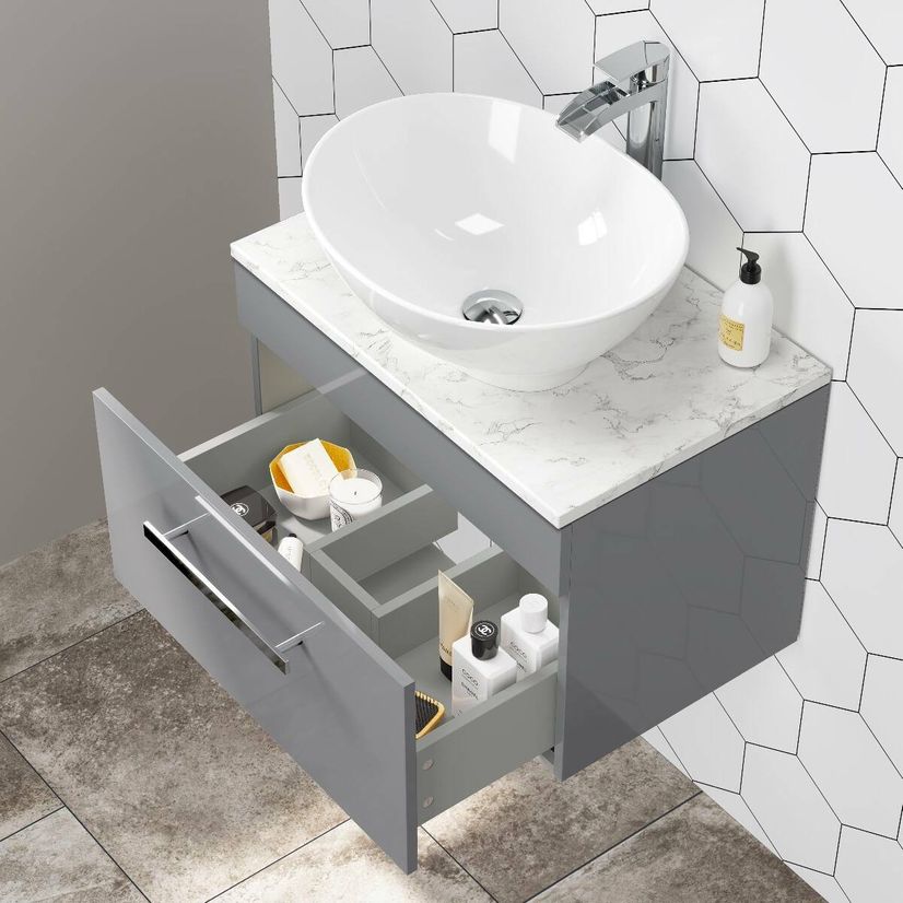 Avon Stone Grey Wall Hung Drawer Vanity with Marble Top & Oval Counter Top Basin 600mm