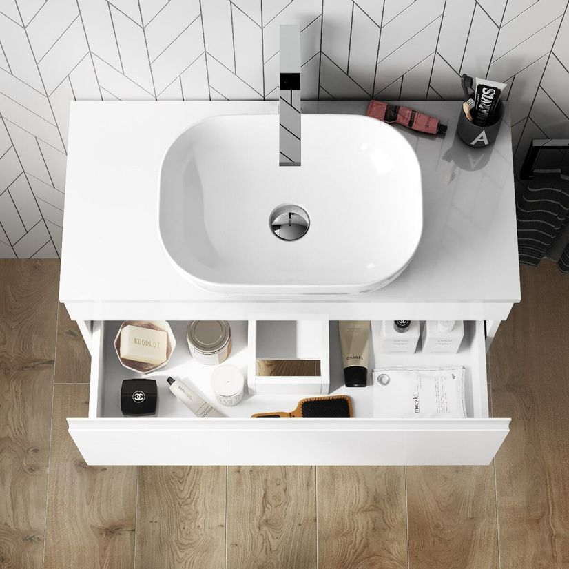 Trent Gloss White Wall Hung Drawer Vanity with Curved Counter Top Basin 800mm