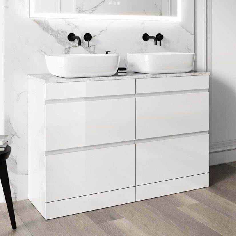 Trent Gloss White Double Vanity Drawer with Marble Top & Curved Counter Top Basin 1200mm