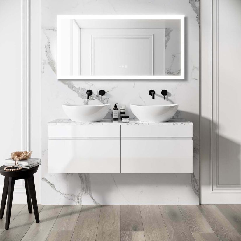 Trent Gloss White Double Wall Hung Drawer Vanity with Marble Top & Oval Counter Top Basin 1200mm