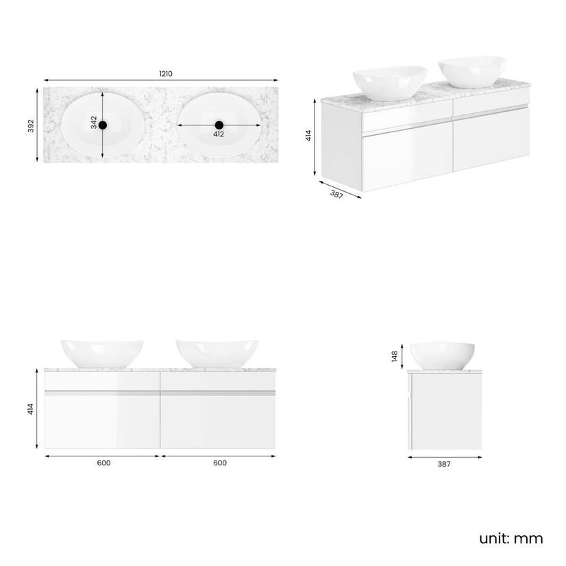 Trent Gloss White Double Wall Hung Drawer Vanity with Marble Top & Oval Counter Top Basin 1200mm
