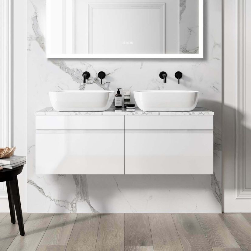 Trent Gloss White Double Wall Hung Drawer Vanity with Marble Top & Curved Counter Top Basin 1200mm