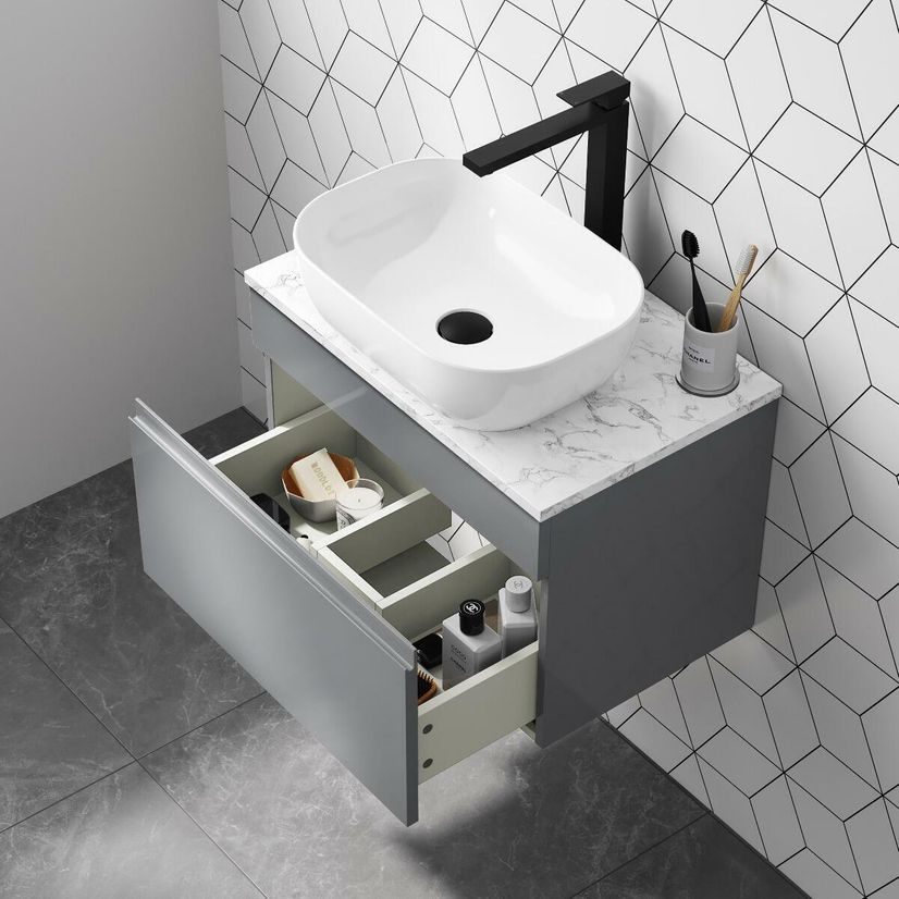 Trent Stone Grey Wall Hung Drawer Vanity with Marble Top & Curved Counter Top Basin 600mm