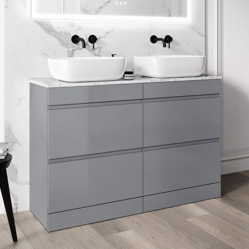 Trent Stone Grey Double Vanity Drawer with Marble Top & Curved Counter Top Basin 1200mm