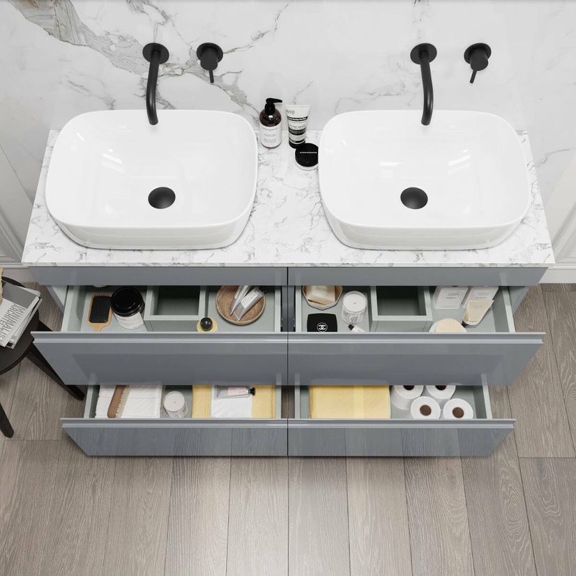 Trent Stone Grey Double Vanity Drawer with Marble Top & Curved Counter Top Basin 1200mm
