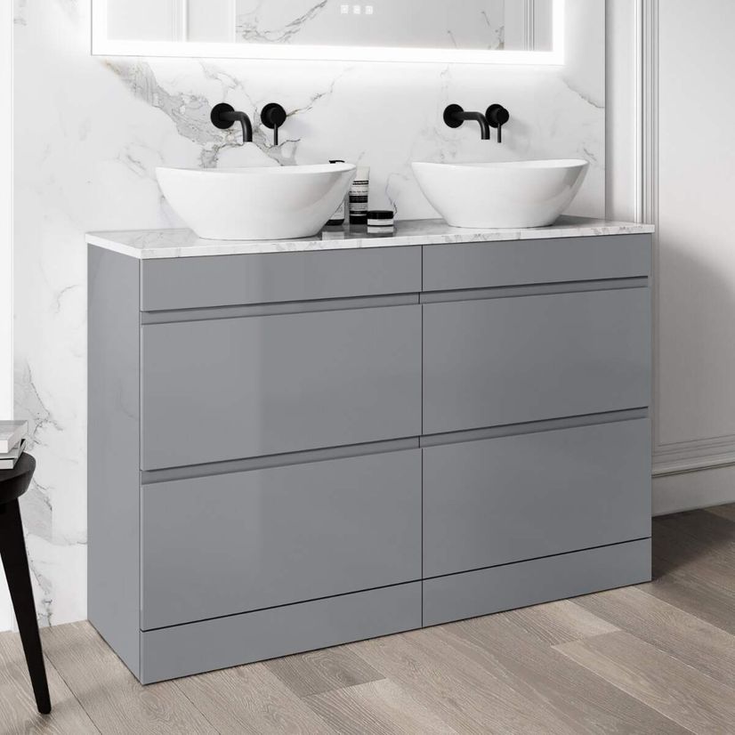 Trent Stone Grey Double Vanity Drawer with Marble Top & Oval Counter Top Basin 1200mm