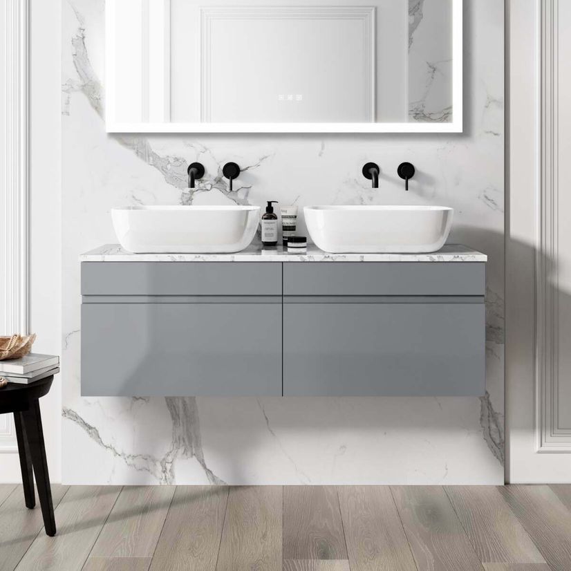 Trent Stone Grey Double Wall Hung Drawer Vanity with Marble Top & Curved Counter Top Basin 1200mm
