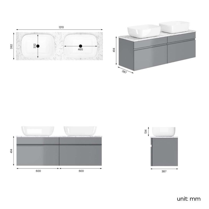 Trent Stone Grey Double Wall Hung Drawer Vanity with Marble Top & Curved Counter Top Basin 1200mm